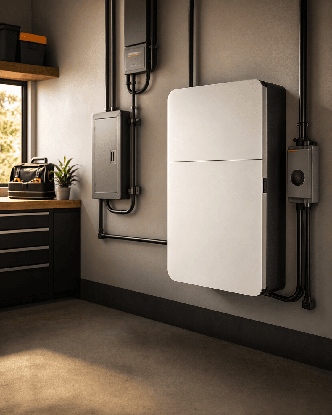 Residential battery storage equipment installed in a clean garage