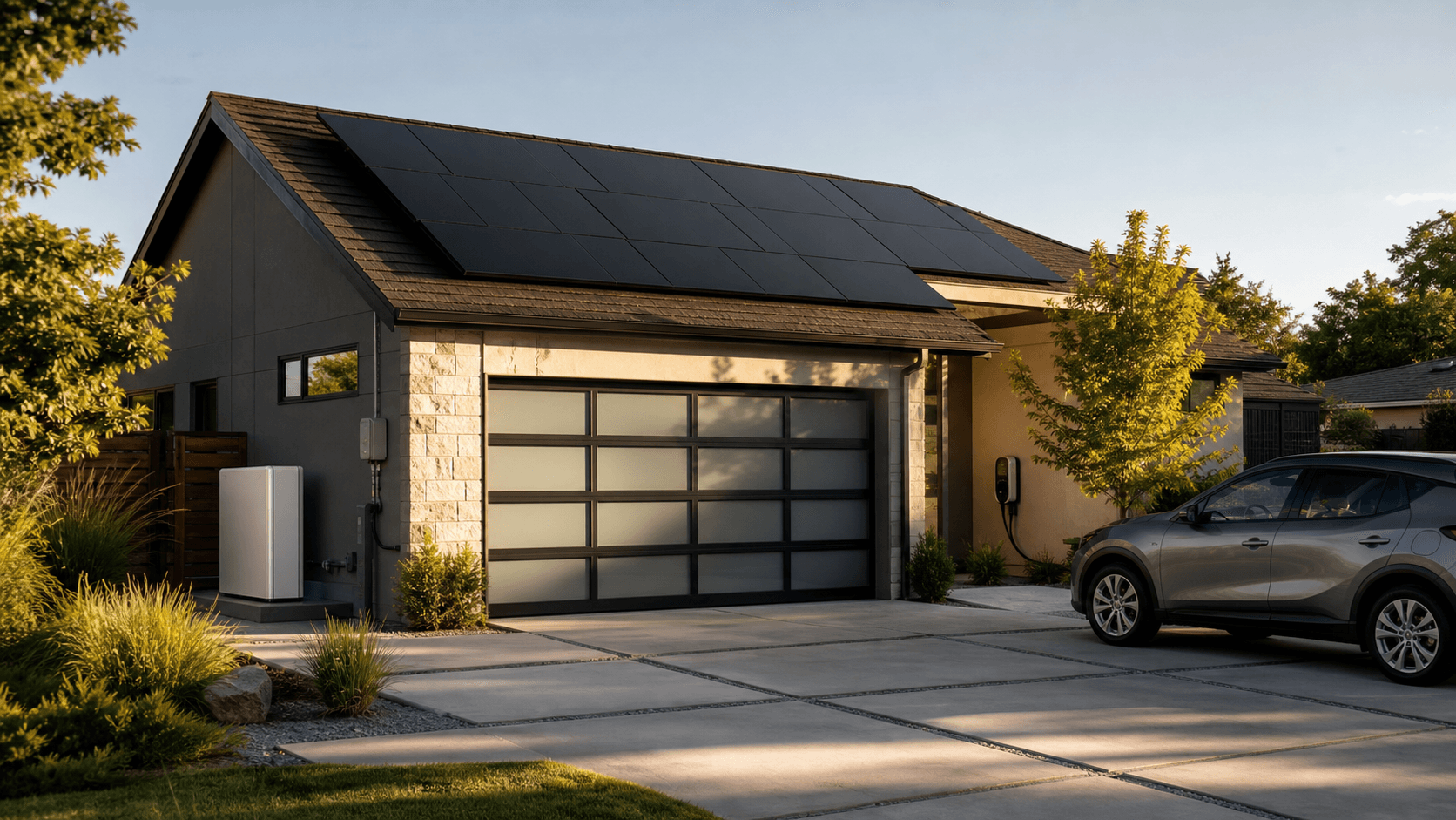 Home with rooftop solar, battery storage, and EV charging