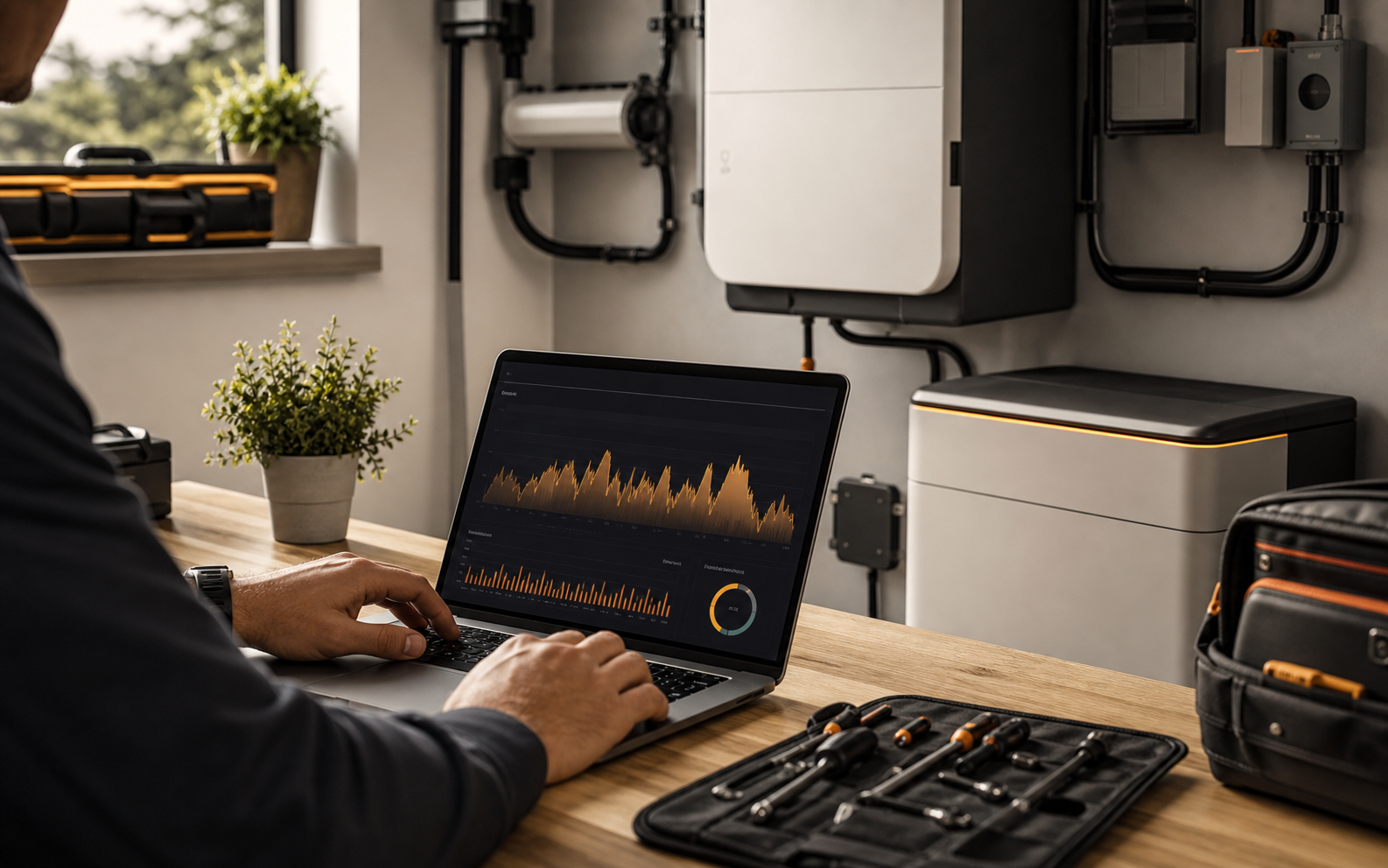 Technician reviewing solar production monitoring beside home battery equipment