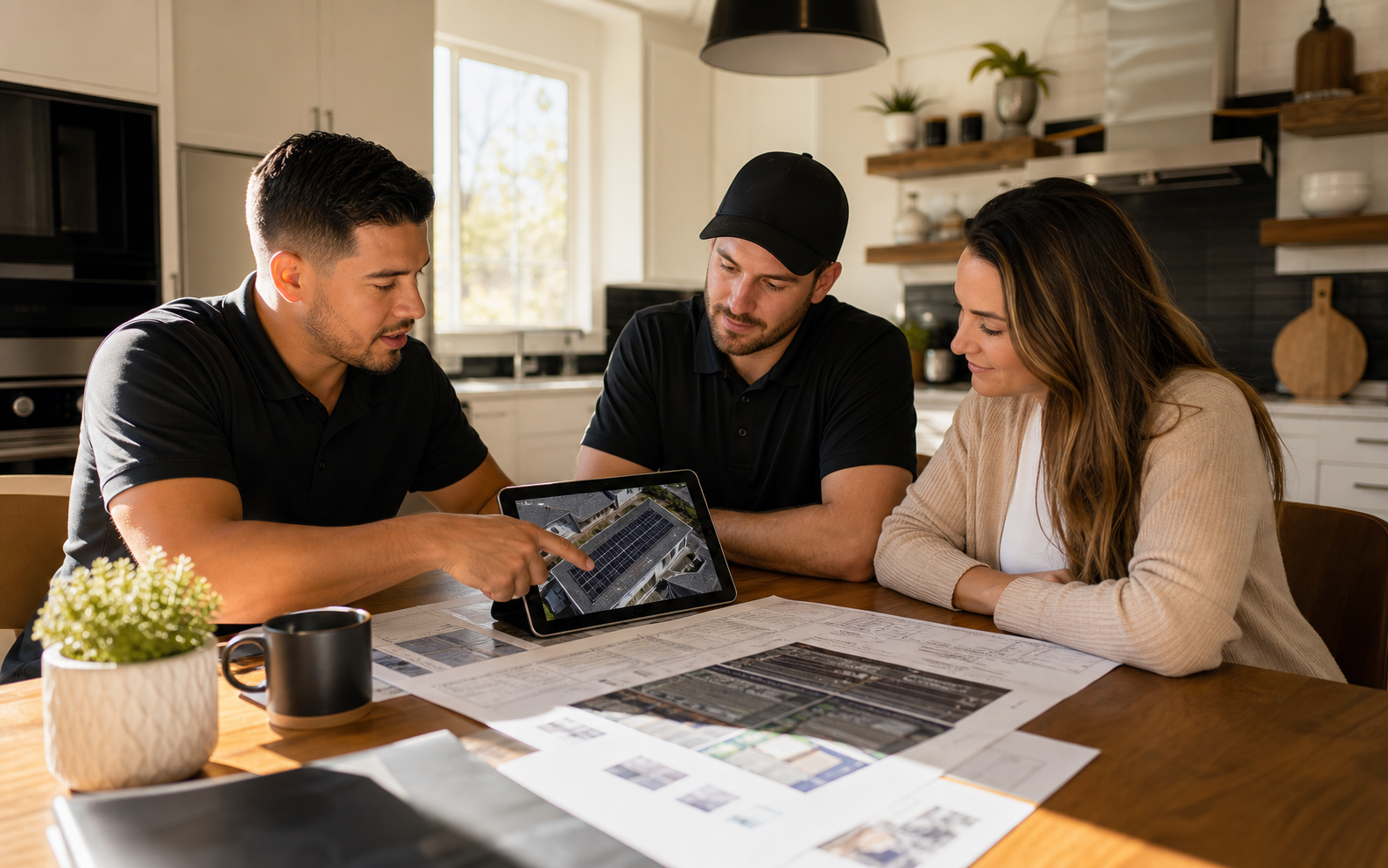 Xtact solar professionals reviewing a roof plan with a homeowner at a kitchen table